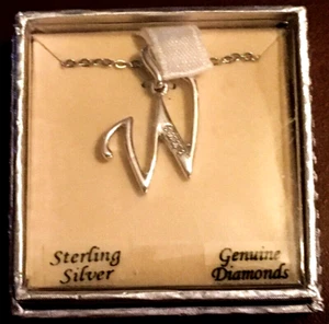 Sterling Silver w/Real Diamonds Initial "W" Pendant and Necklace Chain - Picture 1 of 2