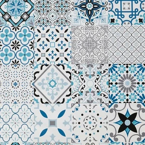 Wachstuchtischdecke Squares Blue Fliesenmuster Kachel 1,4m Br. Meterware - Bild 1 von 2