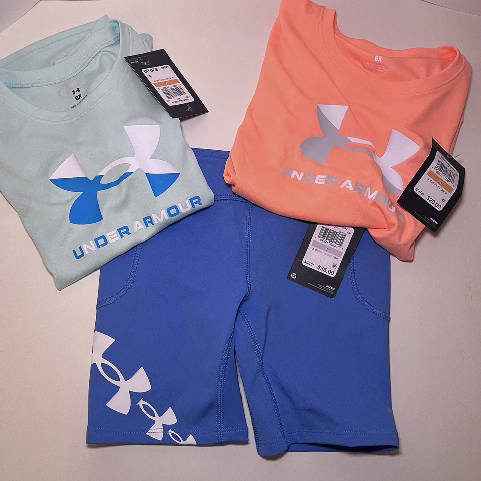 Under Armour Niñas Talla 6 Verano Pantalones Cortos y Top Lote de 3 Piezas Azul Naranja Dri Fit NUEVO Foto 1 de 4