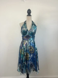 SUZI CHIN for Maggy Boutique Vintage Y2K Silk Backless Blue Halter Swing Dress 6 - Picture 1 of 12