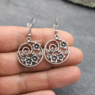 Blumen Ohrhänger, Runde Ohrringe Mit Floralem Muster, Vintage Stil Schmuck - Bild 1 von 4