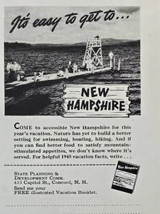 Nuevo Hampshire Vacaciones Natación Barco Caminata Naturaleza Comida Concord NH Anuncio Impreso 1945 - Imagen 1 de 4