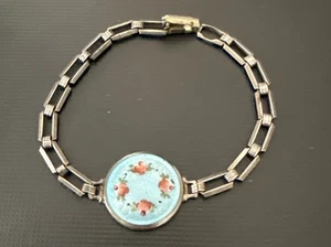 "BRAZALETE DE PLATA ESTERLINA FLOR ESMALTE GUILLOCHE AZUL AEFCO DE COLECCIÓN 6""" - Imagen 1 de 7