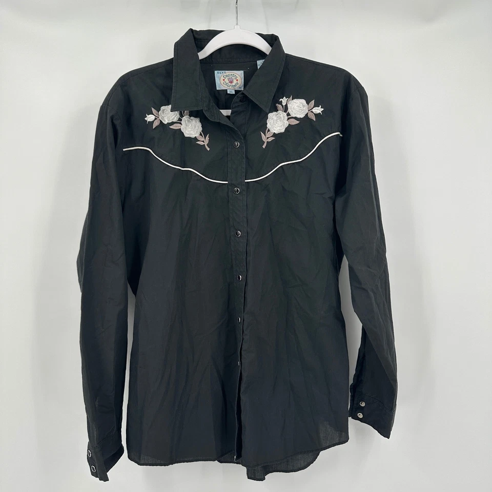 Camisa Western Mujer Negra Bordada Talla XL Floral Vaquera Boho Rodeo Perla A Presión Foto 1 de 4