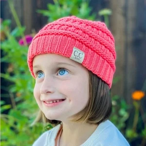 CC Pink Kids Cable Knit Beanie Hat Ribbed Knit Winter Beanie Hat Slouchy Fit OS - Picture 1 of 3