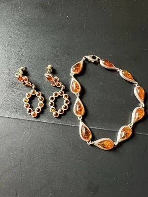 Conjunto de pendientes pulsera de plata de ley y ámbar Foto 1 de 4
