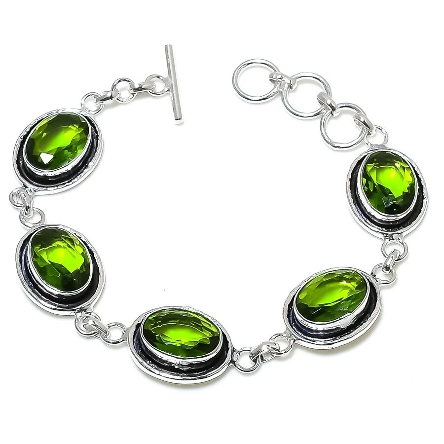 绿色 Peridot 宝石手工 925 纯银珠宝手链 尺寸 7-8 — 第 1/1 张图片