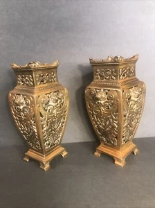 Pair Of Antique Bronze Vase/Renaissance/Pierced Bronze/Stamped EP/France C.1920 - Picture 1 of 13