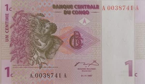 Kongo DR: P#80 1 x 1 Cent 1997 unzirkulierte Banknote, niedrige Serie # - Bild 1 von 2