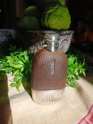 1800's Vintage English Flask w/ Sterling Silver Mounts & Lizard/Snake Skin Cover - Image 1 of 4