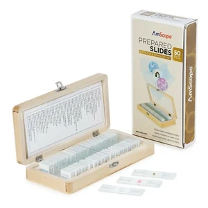 Amscope 50 piezas Microscopio Preparado Histología y Patología Diapositivas Muestras + Estuche de Madera - Imagen 1 de 5