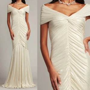 Tadashi Shoji BSJ24023L Piette V-Neck Draped Metallic Jersey Gown Dress Ivory M - Picture 1 of 2