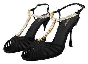 DOLCE & GABBANA Shoes Black Satin Clear Crystal T-strap Sandal EU36 /US5.5 $1400 - Picture 1 of 12