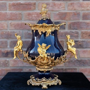A Large Cobalt and Brass Gilded Continental Style Porcelain Vase 52cm Tall - Picture 1 of 24