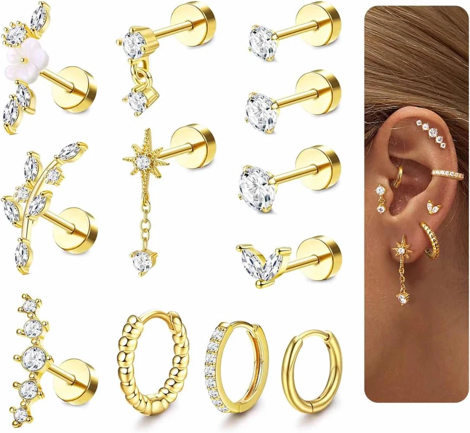 LOLIAS 16 Gauge Cartilage Earrings for Women Flat Back-Hypoallergenic Surgical S