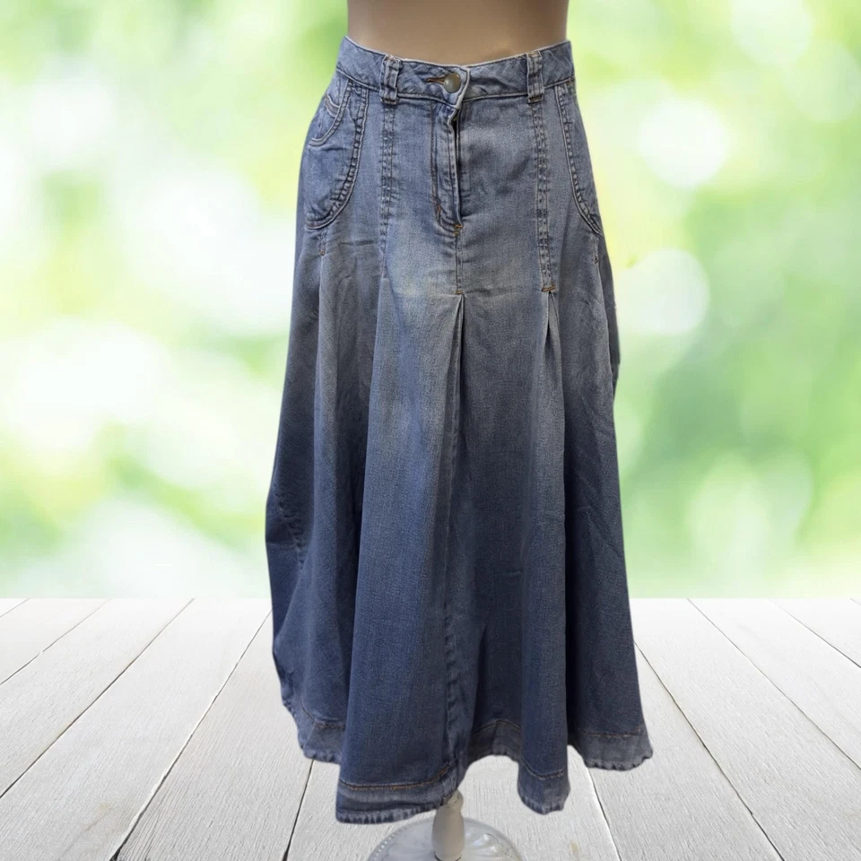 Falda vaquera SOFT AROUND para mujer mediana azul elástica línea A midi plisada Foto 1 de 4