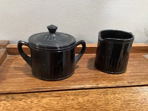 Black Glass Cream And Covered Sugar Bowl - Picture 1 of 3
