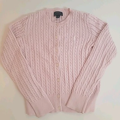 Cárdigan Suéter Polo Ralph Lauren Niñas Talla 8/10 Rosa Tejido con Cable Foto 1 de 4