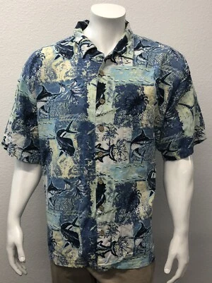 REEL LEGENDS Fishing Swordfish Sea Life Button Up SS Shirt Blue White Size XL - Image 1 of 4