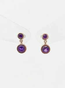 1ct Round Natural Amethyst & Diamond Bezel Set Drop Earrings 14k Solid Rose Gold - Picture 1 of 12