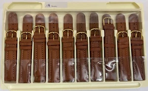 KONVOLUT 10 Stück Uhrenarmbänder Echt Leder Braun 18mm vergoldete Schliesse Rar - Picture 1 of 2