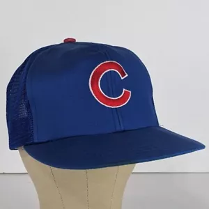 Vtg 90s Chicago Cubs YOUTH Mesh Snapback Trucker Hat Blue Embroidered Logo MLB - Picture 1 of 9