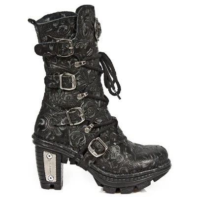 New Rock NEOTR005-S25 Vintage Floral Black Gothic Rock Punk Ladies Leather Boots - Image 1 of 4
