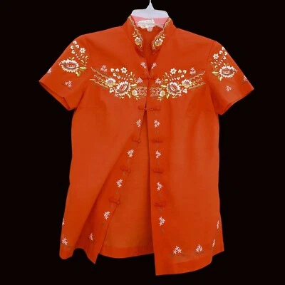 Camisa Vintage Boho Bordada S Blusa Roja China Manga Corta Años 60 70 Foto 1 de 4