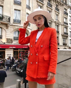 A855 ZARA ORANGE RED TWEED JEWEL BLAZER GEMS BUTTONS COAT JACKET TRINNY - L - Picture 1 of 13