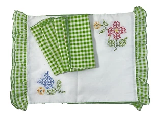 SET 4-Vintage Green Gingham Placemats & Napkins Cross-Stitch Grannycore Cottage - Picture 1 of 24