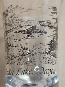 CRATER LAKE OREGON SHOT GLASSES CLEAR WITH BLACK DESIGN LOT OF 2 HOME BAR - Picture 1 of 3