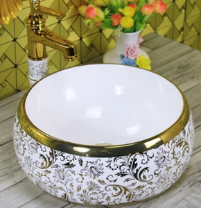 Lavabo lavabo lavabo de cerámica dorado floral para guardarropa de baño - Imagen 1 de 20