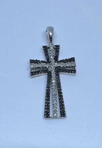 White Gold Black & White Diamond Cross Pendant Religious Charm - Picture 1 of 8