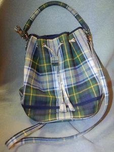 Vintage Tommy Hilfiger Plaid Drawstring Bucket Bag Purse  Green Blue White - Picture 1 of 5