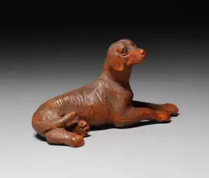 Netsuke Dog Yellow Yang Wood Carving antique japan - Picture 1 of 5