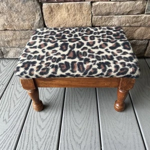 Holzgestell Gepard Leopardenmuster pelziger Stoff Top klein Vintage Ottomane Fußbank - Bild 1 von 11