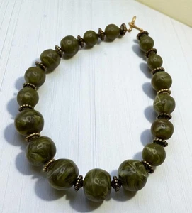 Chunky Olive Green Swirled Bead Necklace with Gold Tone Accents Bold Statement - Picture 1 of 7