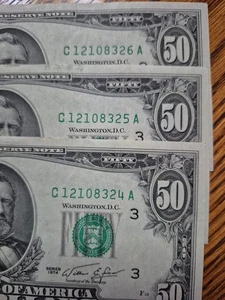 Three 1974 VF-CU Sequential $50 Federal Reserve Notes C Block Crisp Bills! - Picture 1 of 4