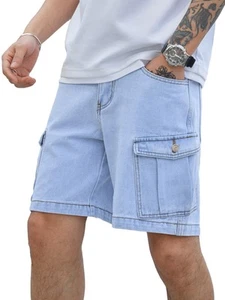 Men's Casual High Waist Straight Leg Denim Cargo Shorts with Pockets Light Wa... - Picture 1 of 6