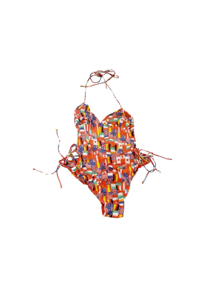 Винтажный комбинезон ткани флаг желтовато-коричневый через цельный купальник 70-х/80-х женщин XS? - Изображение 1 из 4