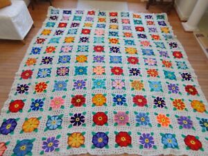 HUGE Afghan Hand Made Knit Blanket White w/Multi Color Design 8' X 9.6' WOW!