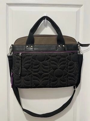 Fossil Key-Per Quilted Laptop Computer Tote Black Purple Lined Messenger Bag - Image 1 of 4