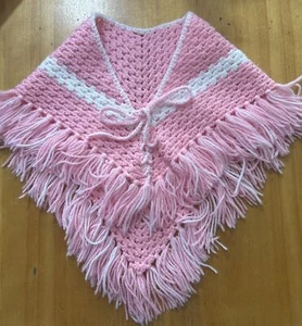 Pink And White Hand crochet Girls Poncho 16x15  - Picture 1 of 6
