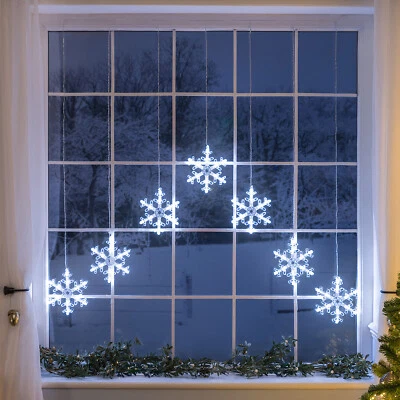 Christmas Curtain Lights LED Snowflake Window Decoration Battery Timer 1m x 1m - Image 1 of 4