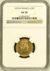 FRANCE , GOLD 20 FRANCS 1825 W - LILLE MINT - NGC AU 58 , RARE2 - Picture 1 of 2