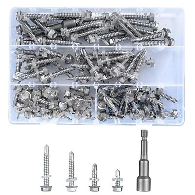 BRAND: XIAOMOYU 101 Pcs Stainless Steel Self Drilling Hex Head Screws, Metal Sheet Tek...