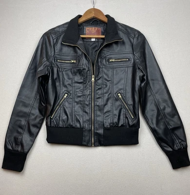 Chaqueta de bombardero Miss London de cuero sintético negra para mujer talla grande cremallera completa motociclista Foto 1 de 4