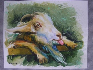 GOATS Animals Original Watercolor Acrylic Painting Art By Artist - Picture 1 of 2