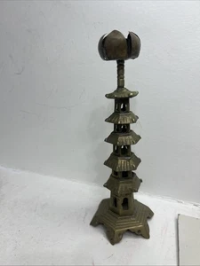 Single Antique Chinese Brass Pagoda Temple Candlestick w/ Lotus Flower Bobeche - Picture 1 of 6
