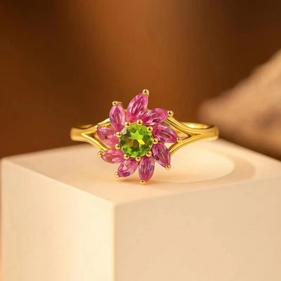 Anillo con banda dividida de peridoto rosa y zafiro rosa corte marquesa flor para aniversario Foto 1 de 4
